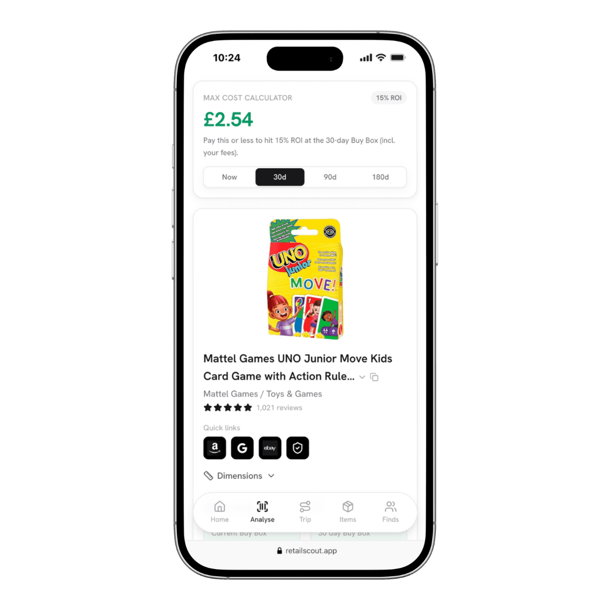 retailscout deal analyser on a phone: a product with its max cost to hit your ROI, monthly sales, Buy Box and quick links.
