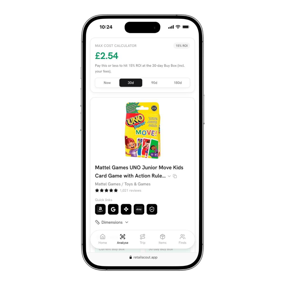 retailscout deal analyser on a phone: a product with its max cost to hit your ROI, monthly sales, Buy Box and quick links.
