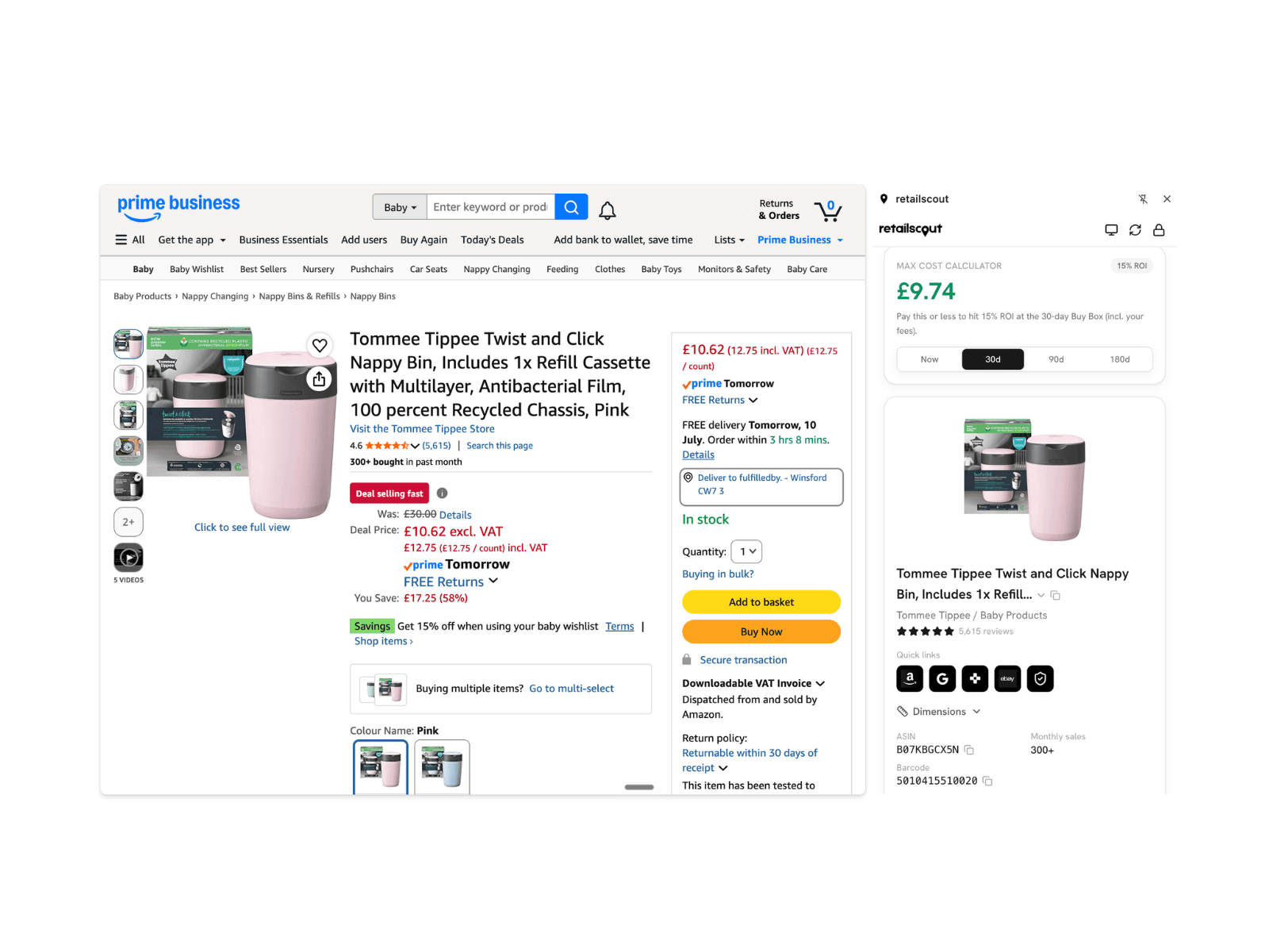 The retailscout browser extension open on an Amazon product page, showing the max cost calculator, product details, monthly sales and Buy Box in a side panel.