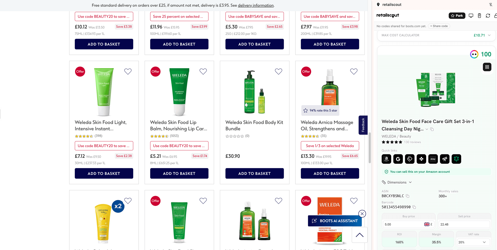 The retailscout browser extension open in a side panel beside a Boots product listing, showing the max cost calculator, the product's ASIN, barcode and monthly sales, the buy and sell price with ROI and margin, and a check that it can be sold on your Amazon account.