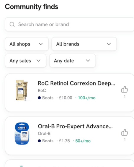 retailscout community finds: a searchable feed of finds, each with the shop, the price paid and its monthly Amazon sales.