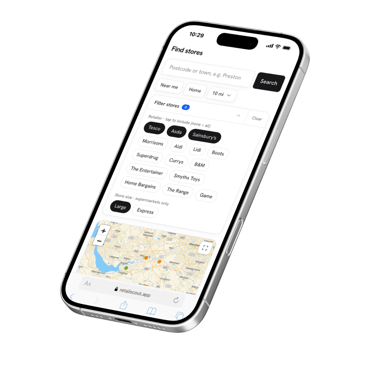 retailscout Find stores screen on a phone: search by postcode or town, filter across 15 UK retailers, and a map of nearby stores.