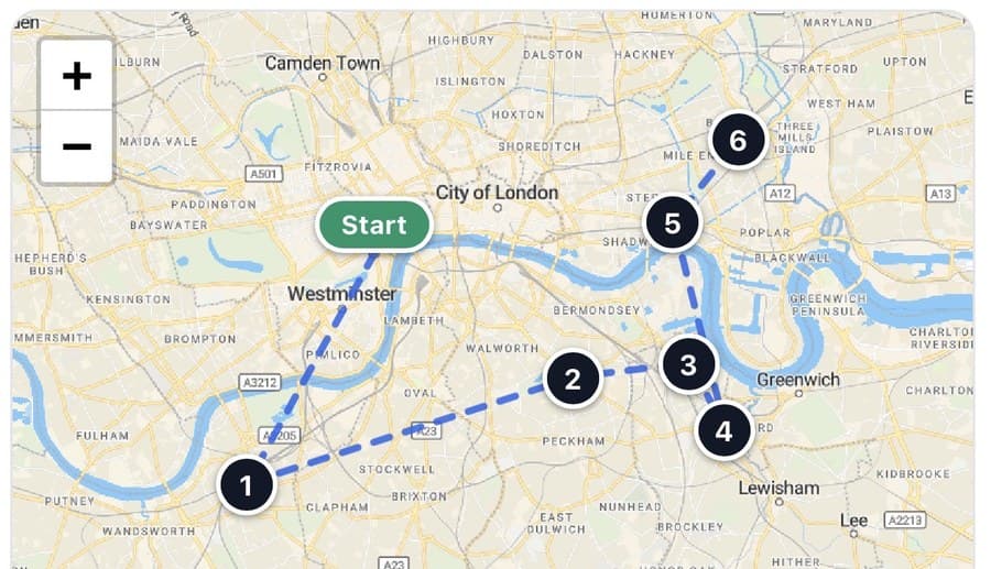 retailscout trip planner: an optimised six-stop route across London, with numbered stops joined by a dashed driving line from a start point.
