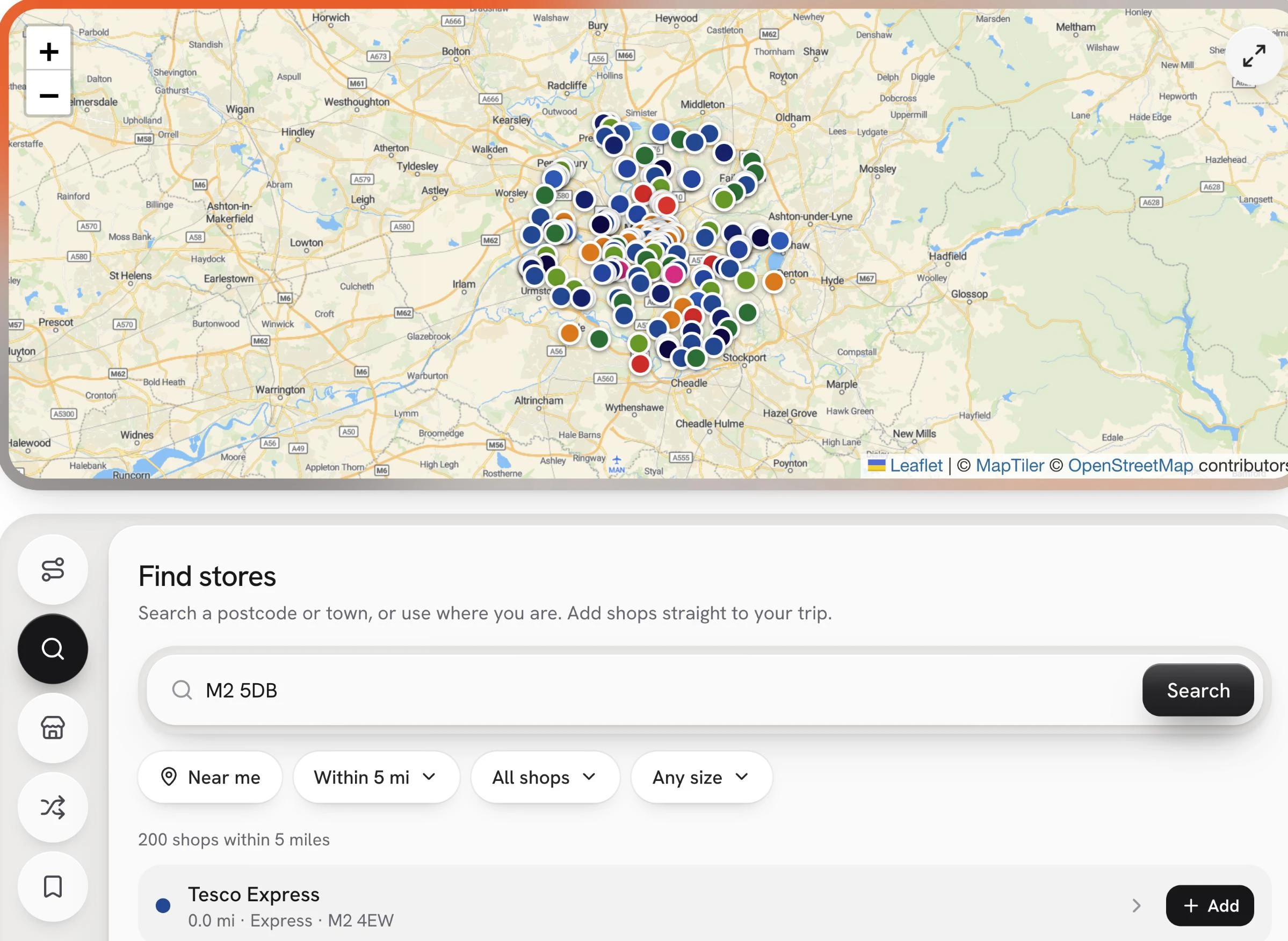 The retailscout Find stores screen: 200 shops within 5 miles of central Manchester on the map, with the postcode search, distance, shop and size filters, and the nearest store ready to add.