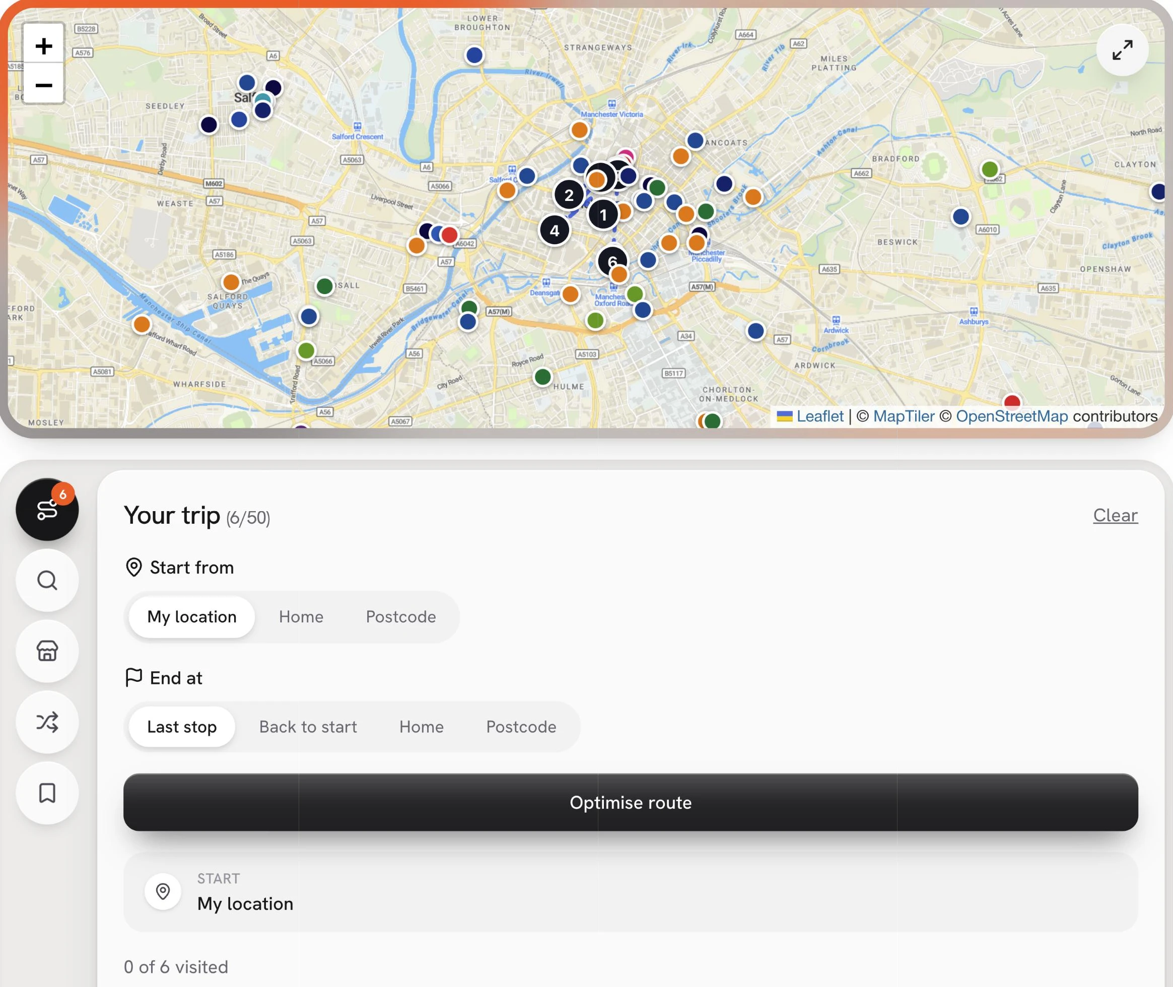 The retailscout trip screen: six Manchester stores numbered on the map with the route between them, start and end options, and the Optimise route button.