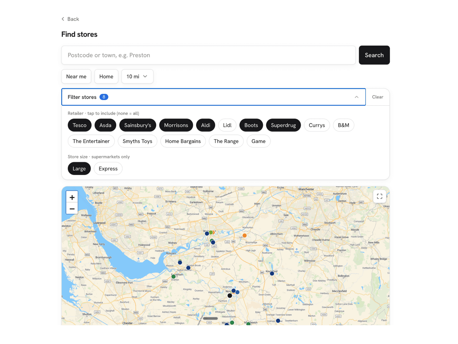 The retailscout store finder on desktop: search by postcode, filter across 15 UK retailers and store size, with a map of nearby stores across the North West.