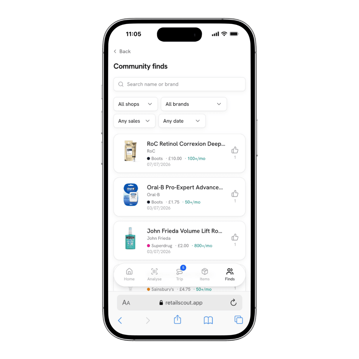 retailscout Community finds on a phone: a searchable feed of finds near you with shop, price and monthly sales.