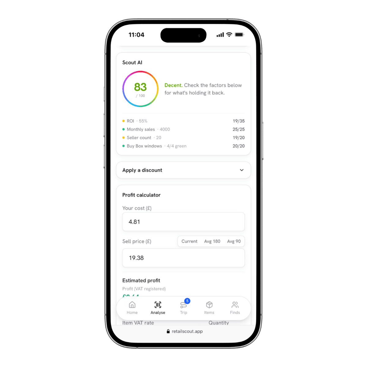 retailscout Scout AI on a phone: an 83 out of 100 buy score with a breakdown of ROI, monthly sales, seller count and Buy Box windows.