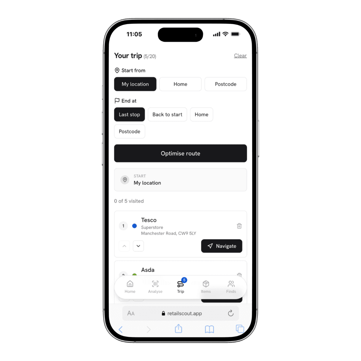 retailscout trip planner on a phone: a multi-stop trip with start and end points and an Optimise route button.
